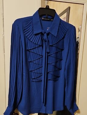New York & Company Cobalt Blue Pleated Tie-Neck Blouse, Size L, NWT